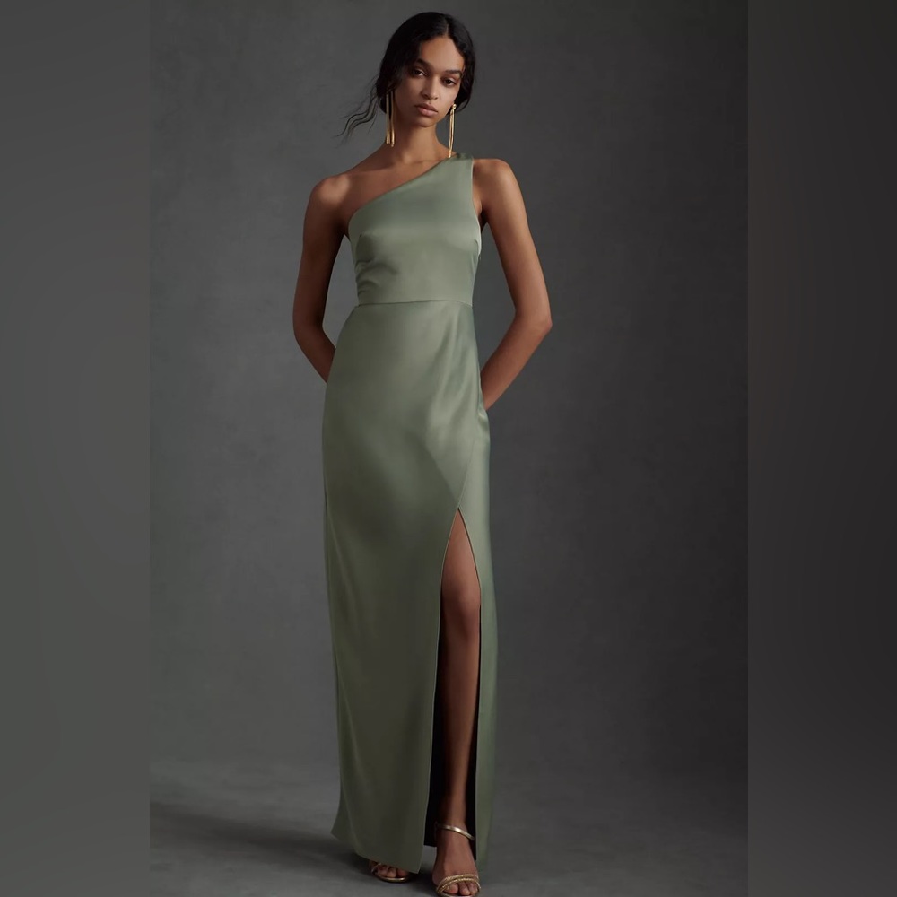 BHLDN Dylan One-Shoulder Satin Side-Slit Gown